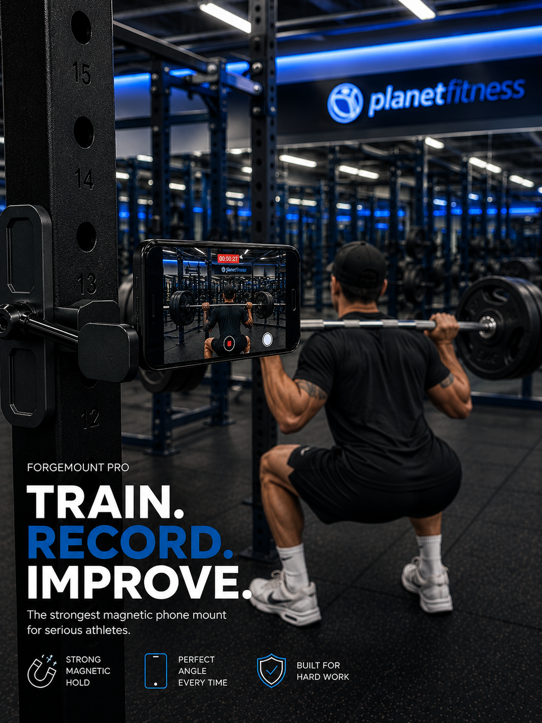 ForgeMount Pro mounted to a squat rack filming an athlete — Train. Record. Improve.