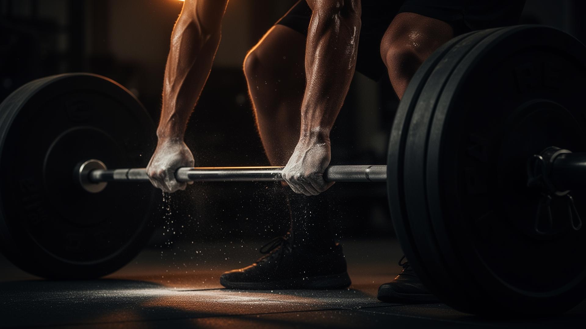 Chalked hands gripping a heavy barbell at the bottom of a deadlift