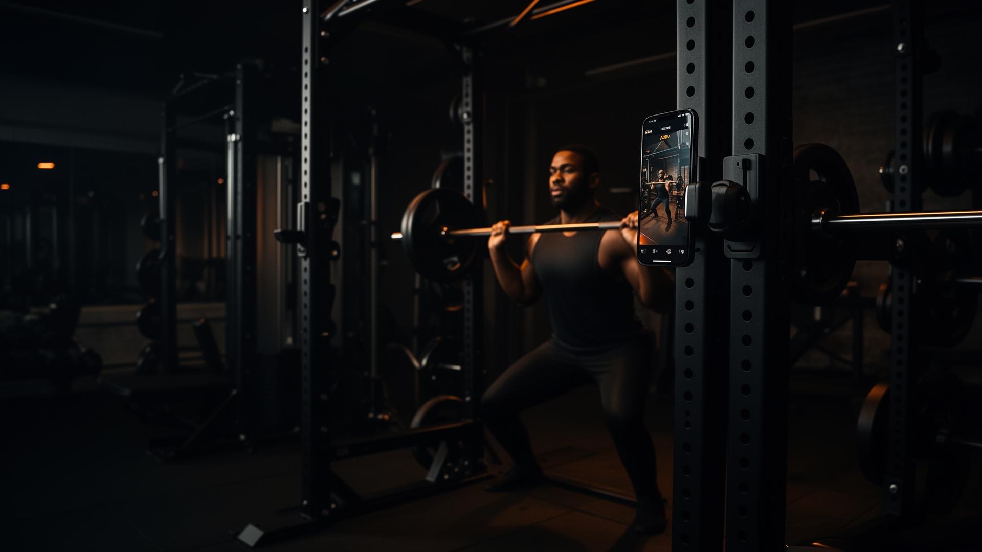 Athlete squatting with phone magnetically mounted to the rack